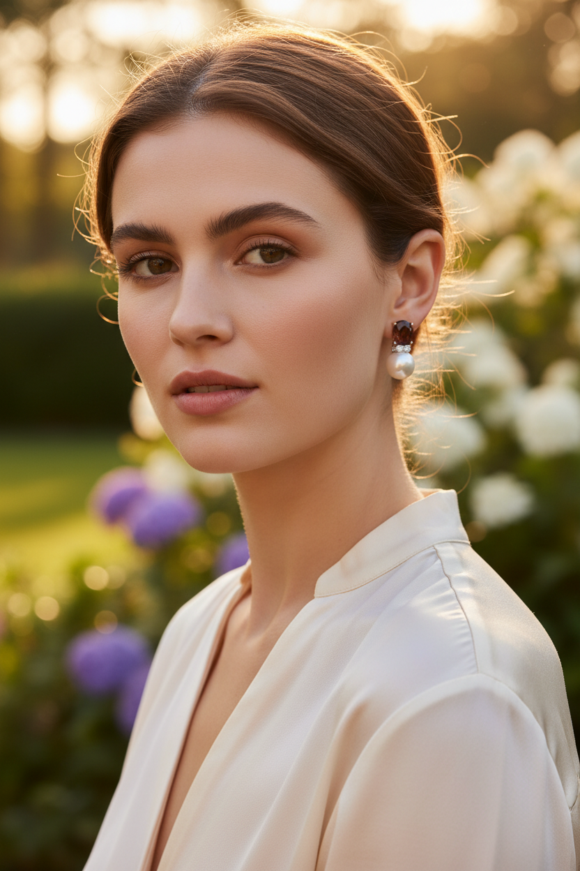 Prue Studs Plum on model with background